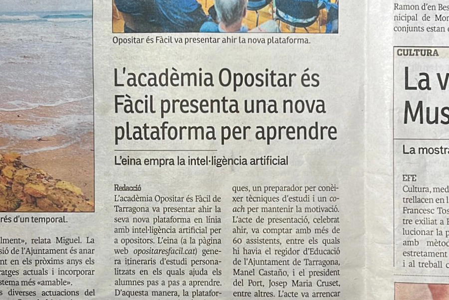 Artículo en el Diario Més Tarragona: “La academia Opositar és Fàcil presenta una nueva plataforma para aprender”